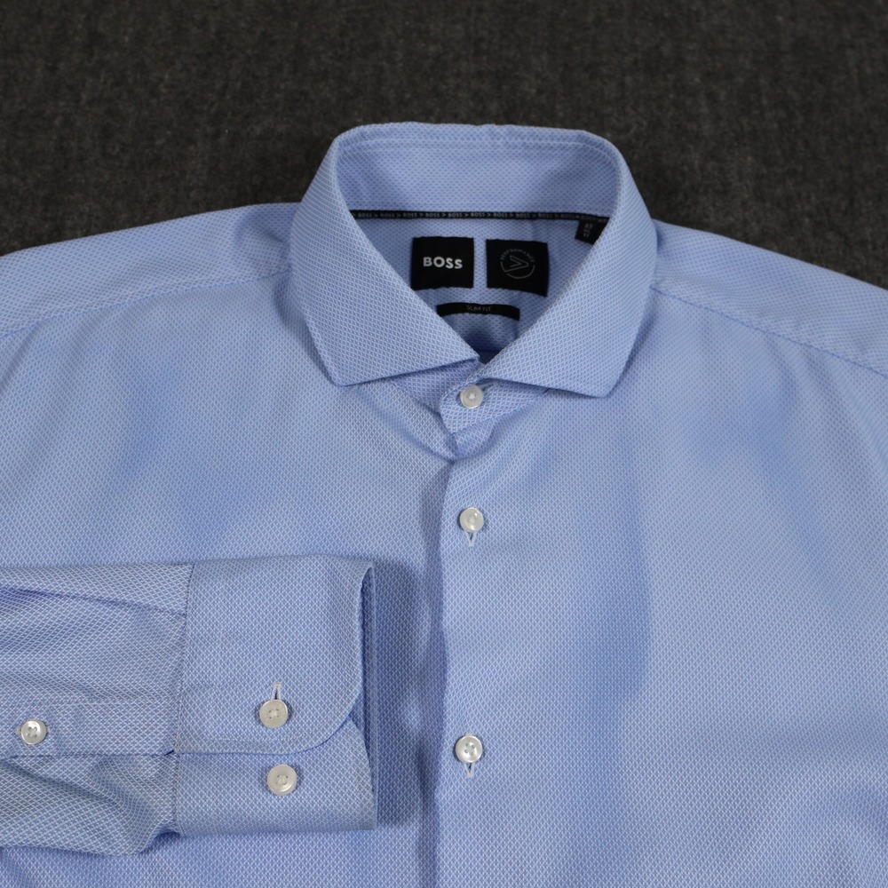 Hugo Boss Performance Slim Fit Shirt Mens 17 Blue Stretch Long Sleeve Button Up